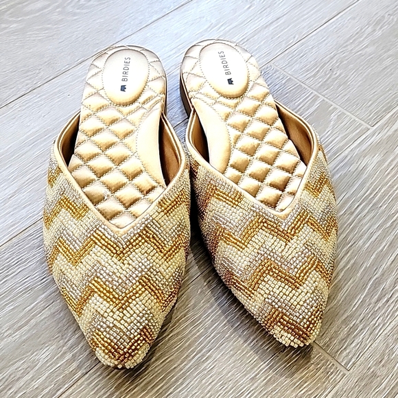 Birdies Shoes - NEW Birdies The Swan Limited Color Champagne Chevron Mules Size 5.5